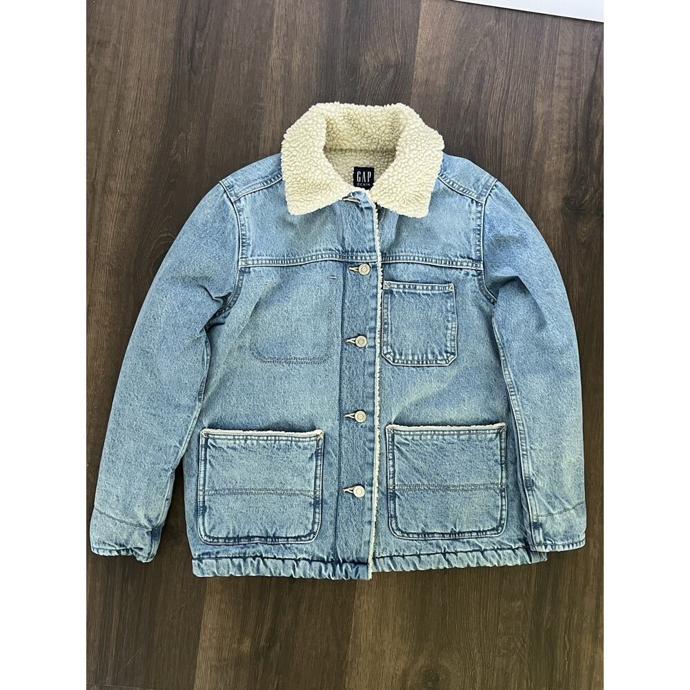GAP Patch Pocket Sherpa Denim Jacket Chore Coat Barn Style Xs Petite Oversized - Picture 10 of 10